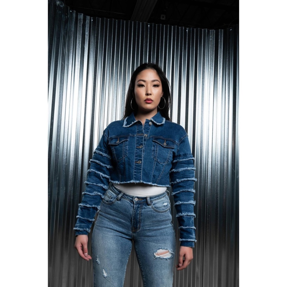 Denim cropped fringe jacket